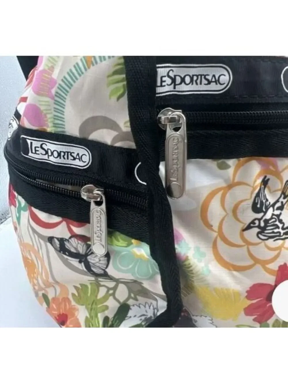 LeSportsac Large Floral Print Duffel Bag with Black Straps and Multiple Zippers